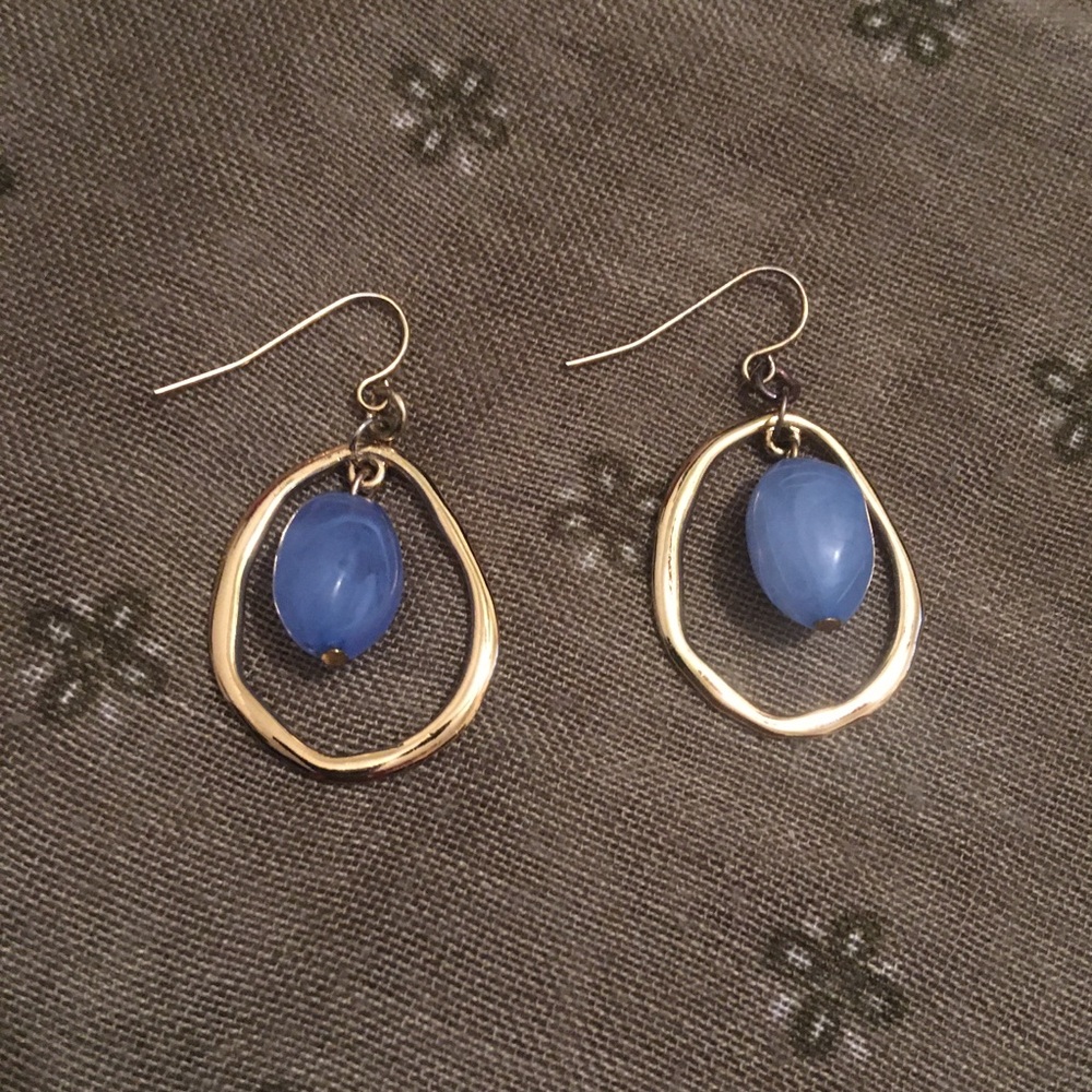 Vintage Gold Tone and Blue Bead Dangle Hook Earrings